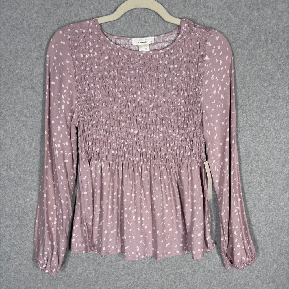 NEW Coquette Smock Peplum Top XS Mauve Polka Dot Ruffle Twee Quirky Whimsical